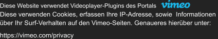 Diese Website verwendet Videoplayer-Plugins des Portals Diese verwenden Cookies, erfassen Ihre IP-Adresse, sowie  Informationen  ber Ihr Surf-Verhalten auf den Vimeo-Seiten. Genaueres hierber unter:   https://vimeo.com/privacy